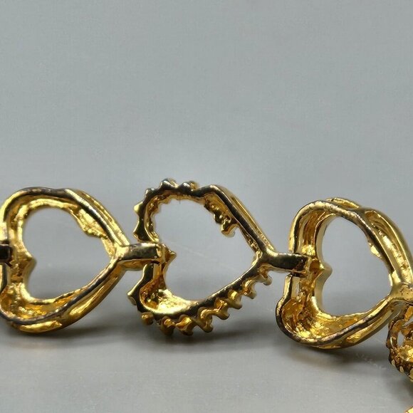 Gold Plated Sterling Silver Heart Link Chain Bracelet 925 Clear Stones 7" Long - Picture 5 of 9